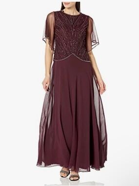 J Kara Womens wine fully embellished bodice Long Dress Beaded Evening Gown Sz 14